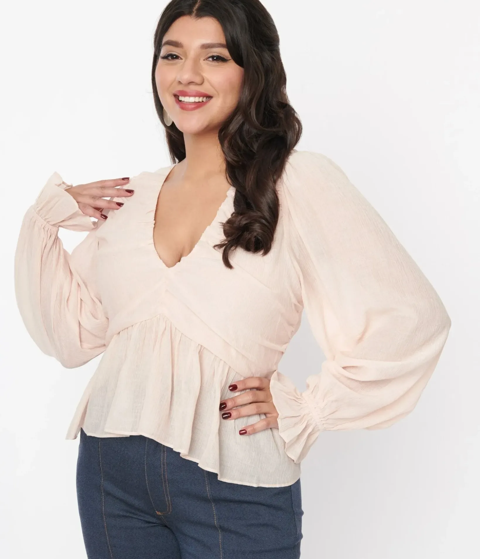 Unique Vintage Work Wear>Blush Chiffon Long Sleeve Blouse