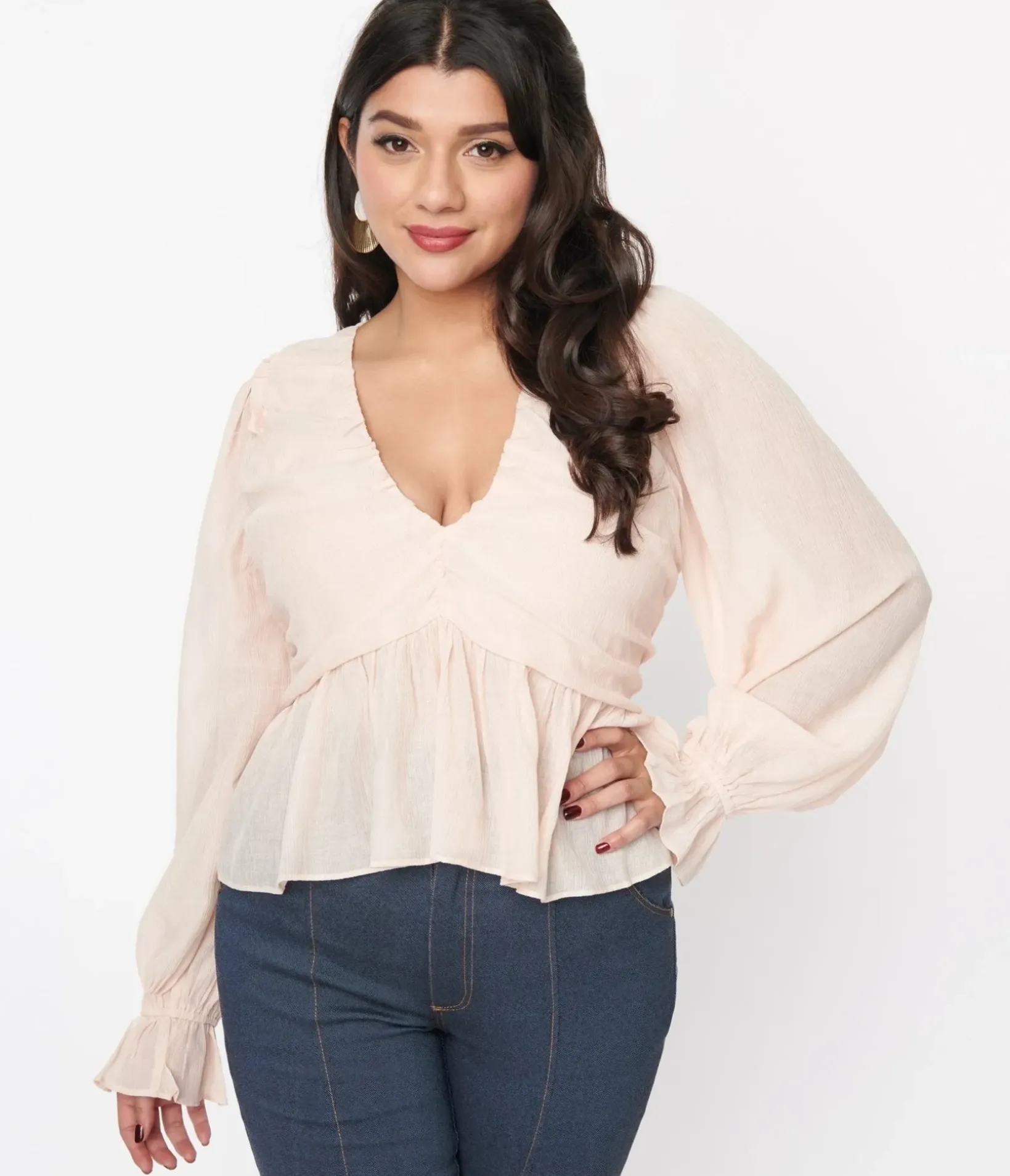 Unique Vintage Work Wear>Blush Chiffon Long Sleeve Blouse
