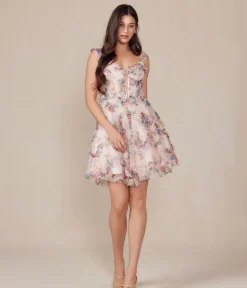 Unique Vintage Special Occasion|Wedding Guest>Blush Floral Print A-Line Mini Prom Dress