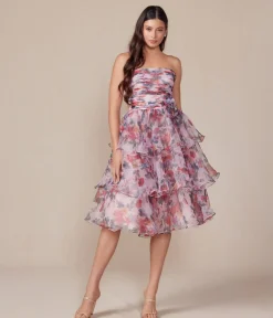Unique Vintage Special Occasion|Prom Dresses>Blush Floral Print Short A-Line Strapless Prom Dress