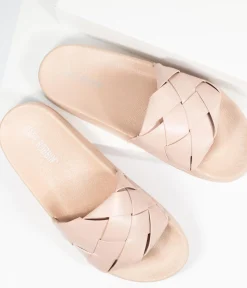 Unique Vintage Flats|Sandals>Blush Pink Leatherette Woven Slide Sandals
