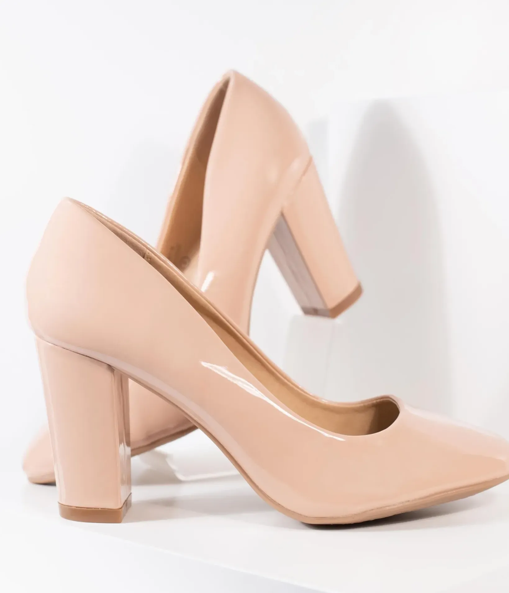 Unique Vintage Heels|All Things Pink>Blush Pink Patent Leatherette Block Heel Pumps