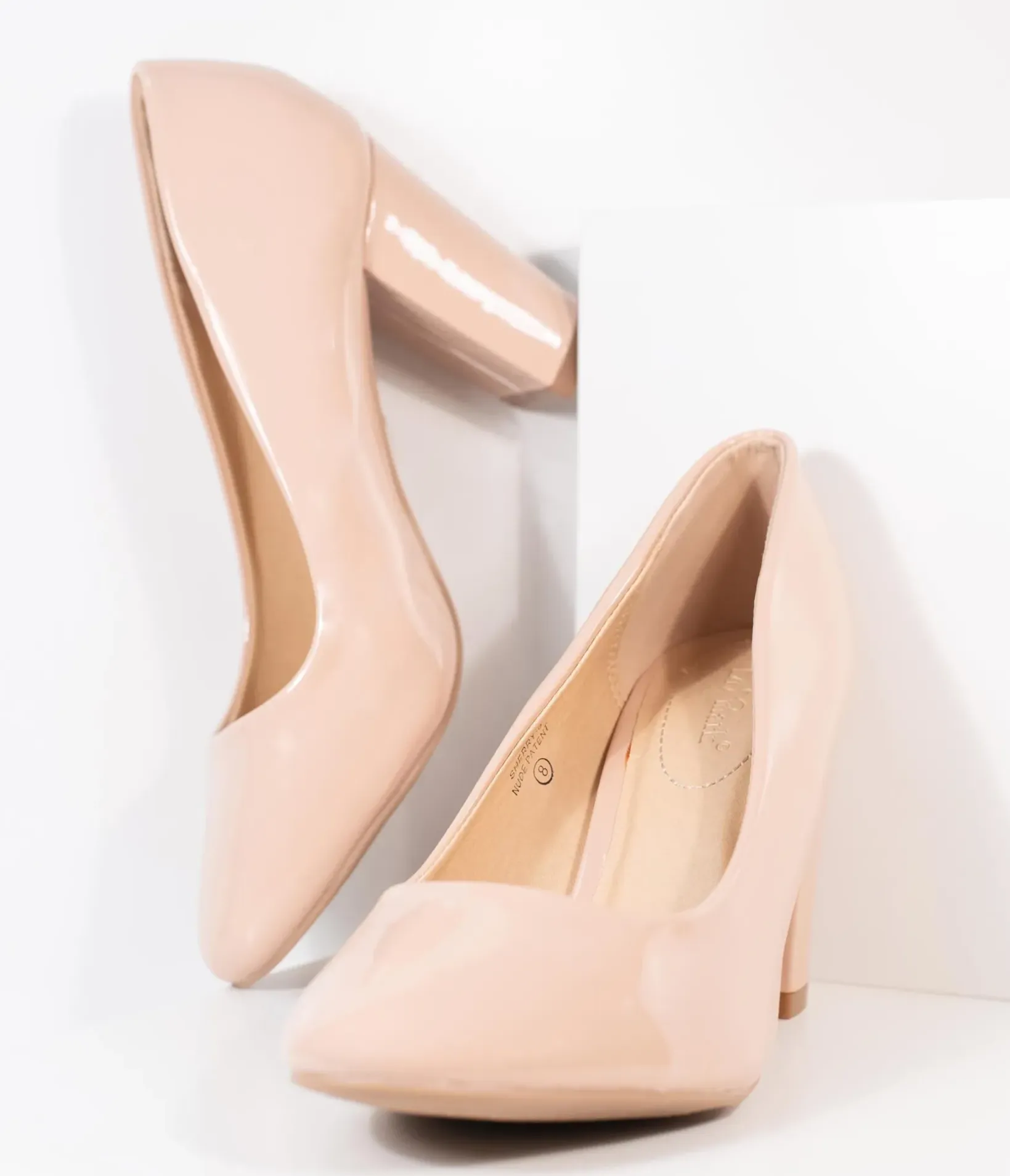 Unique Vintage Heels|All Things Pink>Blush Pink Patent Leatherette Block Heel Pumps