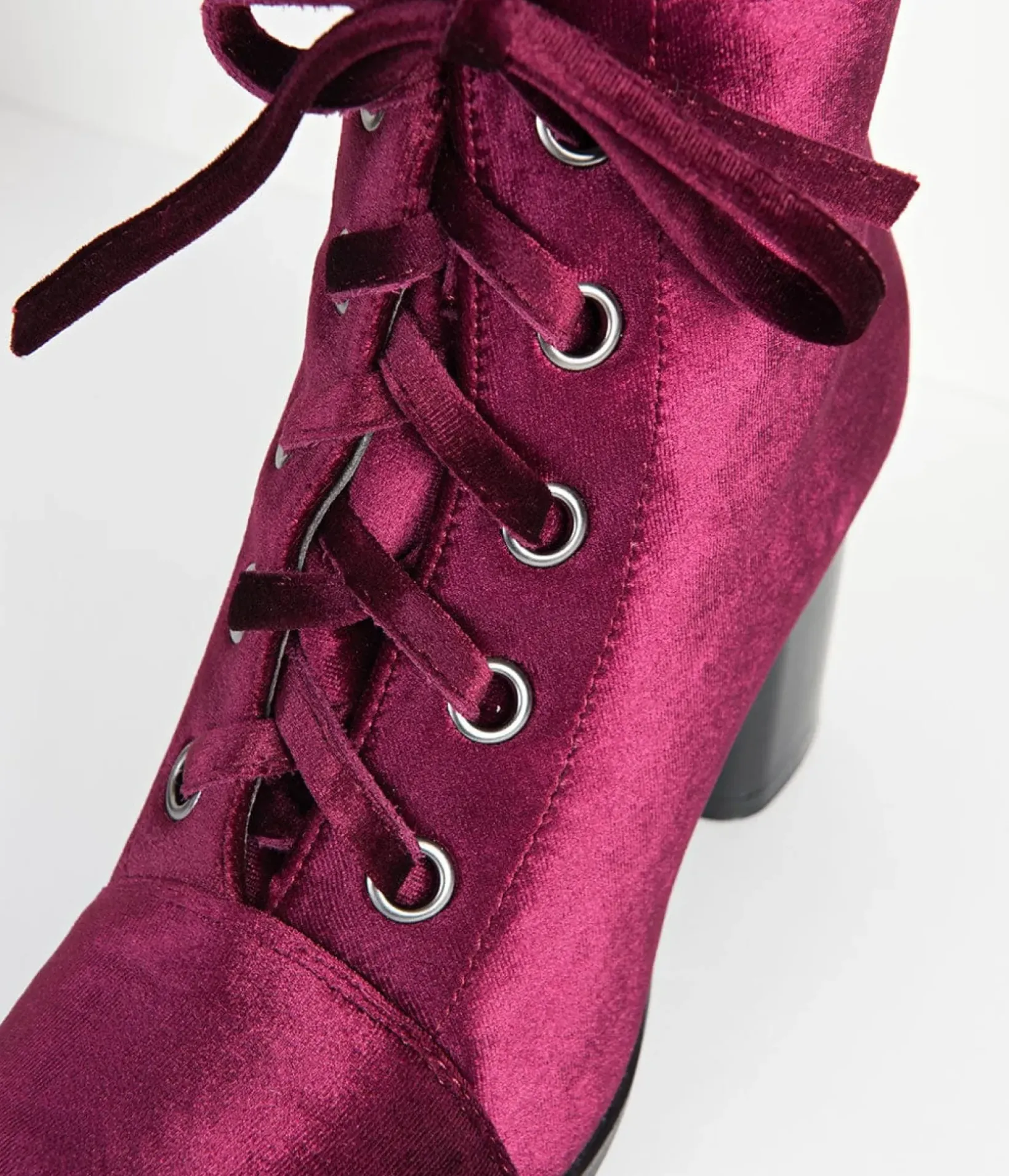 Unique Vintage Boots|Heels>Bordeaux Purple Velvet Lace Up Bootie
