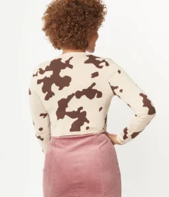 Unique Vintage Sweaters & Cardigans>Brown Cow Print Crop Cardigan
