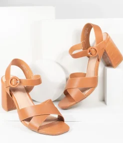 Unique Vintage Heels|Sandals>Brown Crocodile Embossed Leatherette Heel Sandals