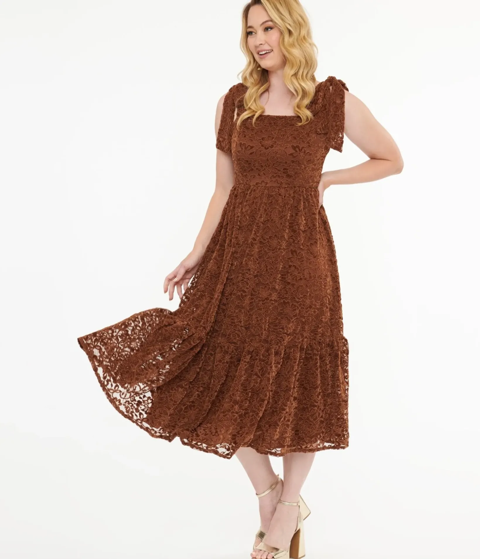 Unique Vintage Midi|Everyday Dresses>Brown Velvet Lace Midi Dress