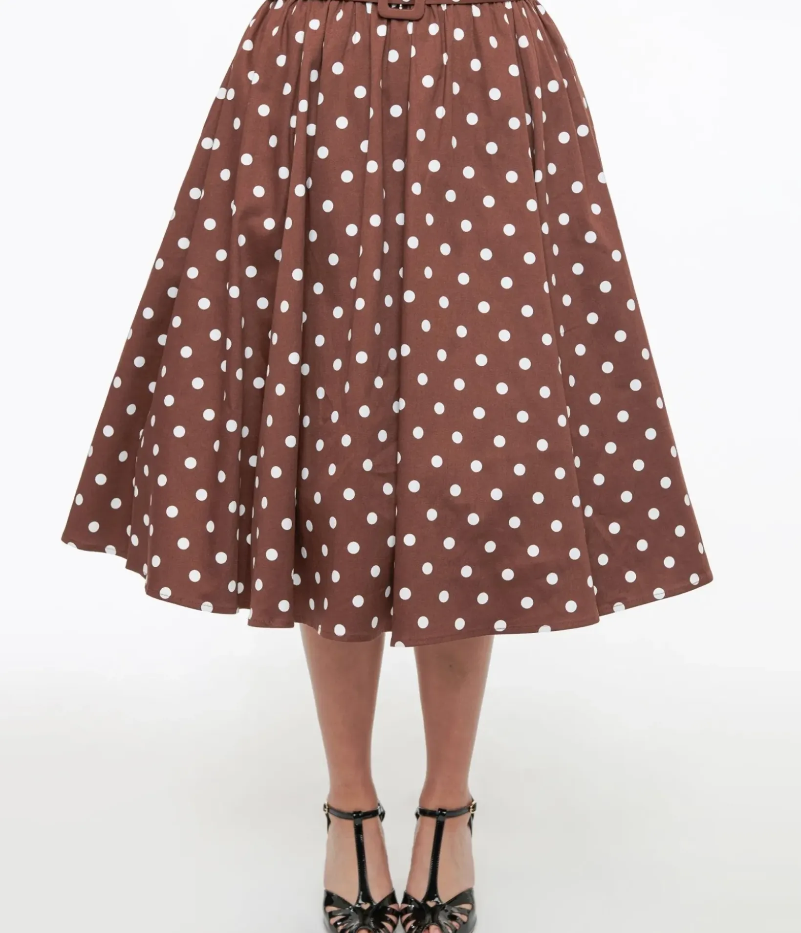 Unique Vintage Skirts>Brown & White Polka Dot Paula Swing Skirt