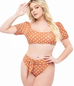 Unique Vintage Two Piece Swim|Two Piece Swim>Brown & White Polka Dot Swim Set