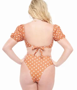 Unique Vintage Two Piece Swim|Two Piece Swim>Brown & White Polka Dot Swim Set