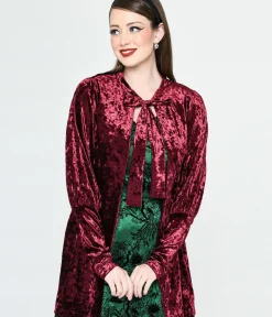 Unique Vintage Sweaters & Cardigans|Halloween>Burgundy Crushed Velvet Hellfire Cardigan