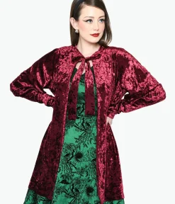 Unique Vintage Sweaters & Cardigans|Halloween>Burgundy Crushed Velvet Hellfire Cardigan