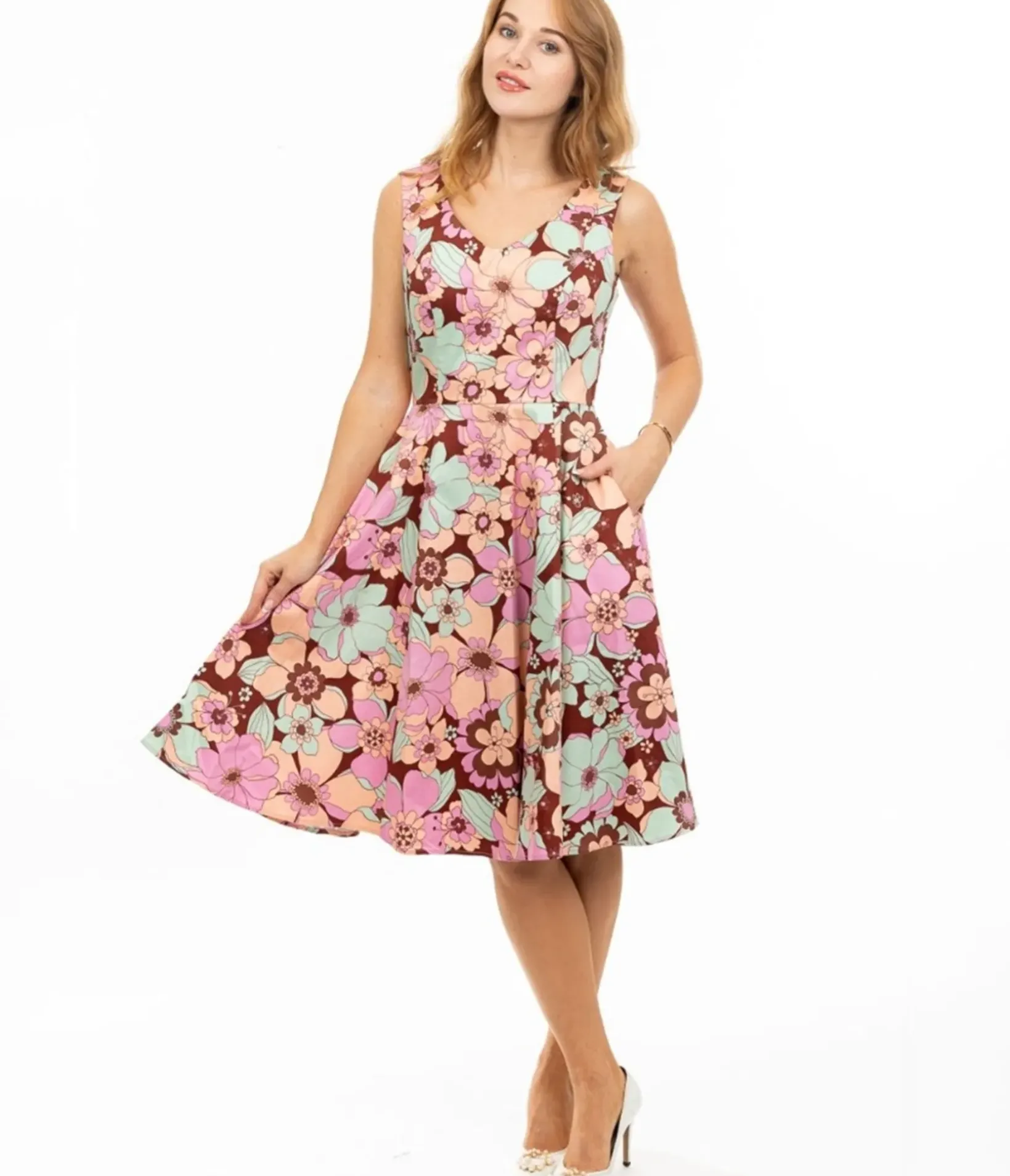 Unique Vintage Swing|Pocket Dresses>Burgundy & Pastel Florals Swing Dress