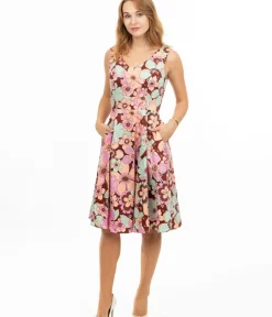 Unique Vintage Swing|Pocket Dresses>Burgundy & Pastel Florals Swing Dress