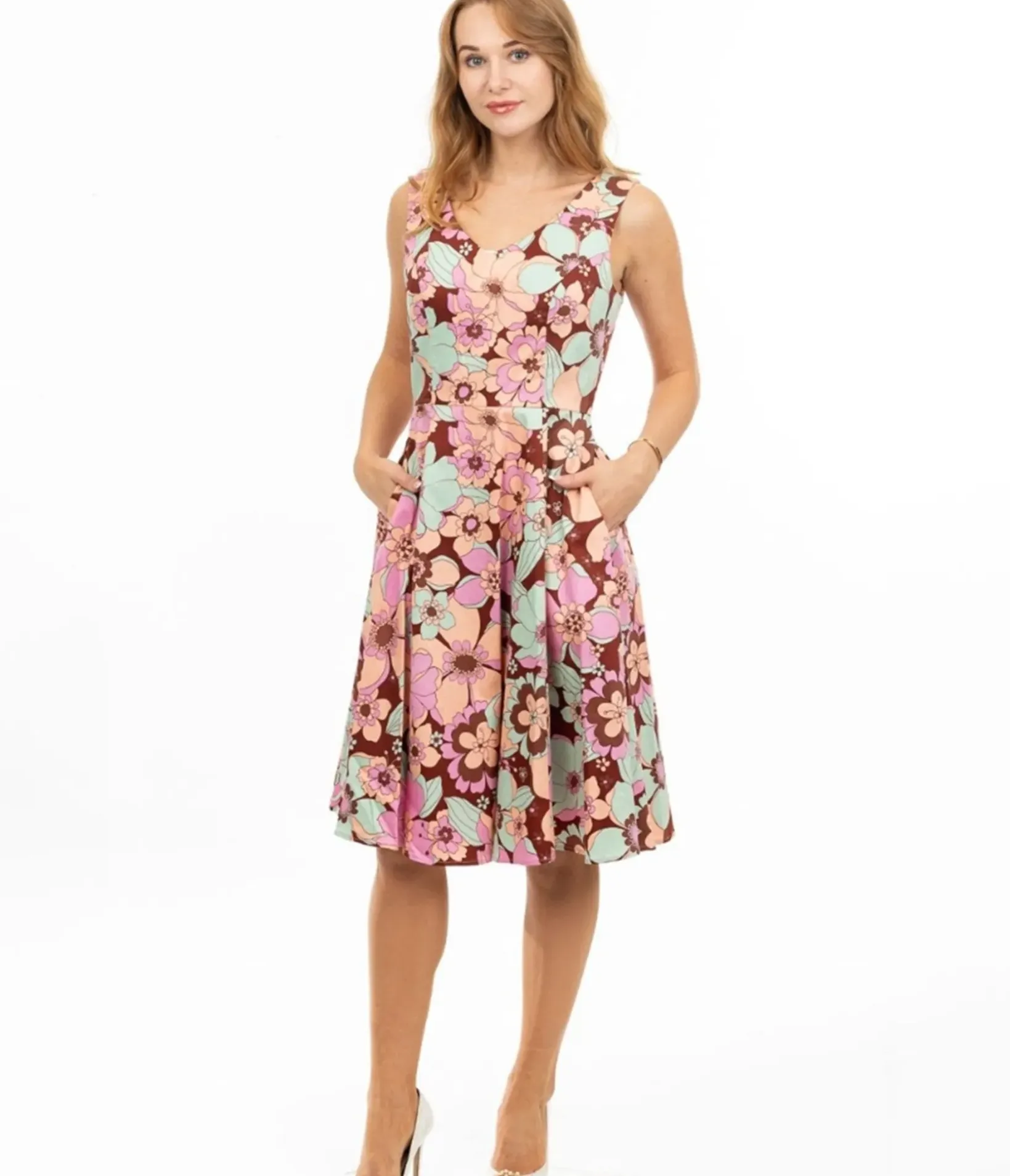Unique Vintage Swing|Pocket Dresses>Burgundy & Pastel Florals Swing Dress