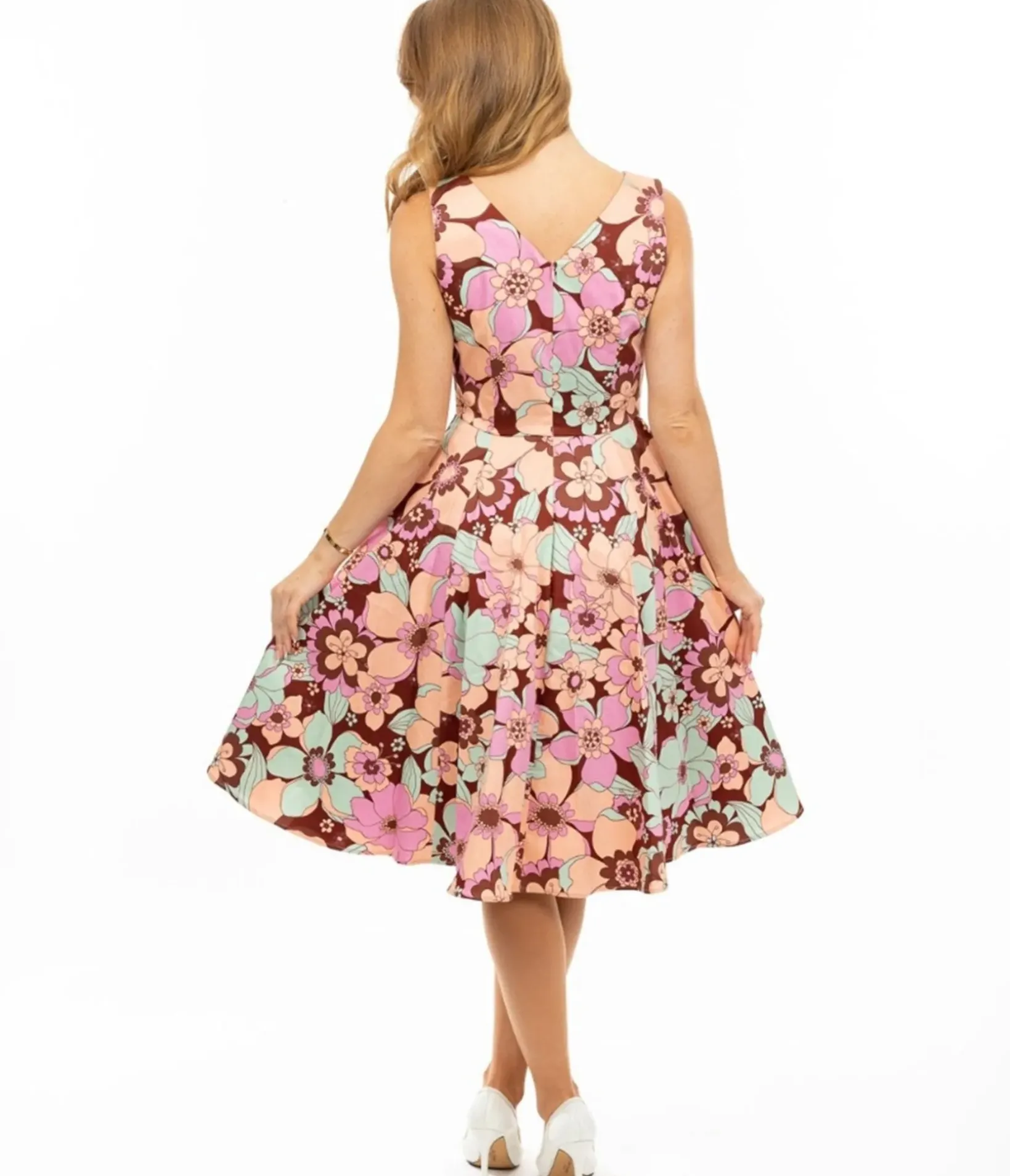 Unique Vintage Swing|Pocket Dresses>Burgundy & Pastel Florals Swing Dress