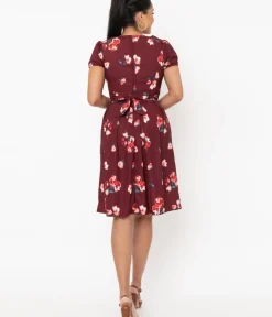 Unique Vintage Swing|Pocket Dresses>Burgundy & Pink Floral Tilly Swing Dress