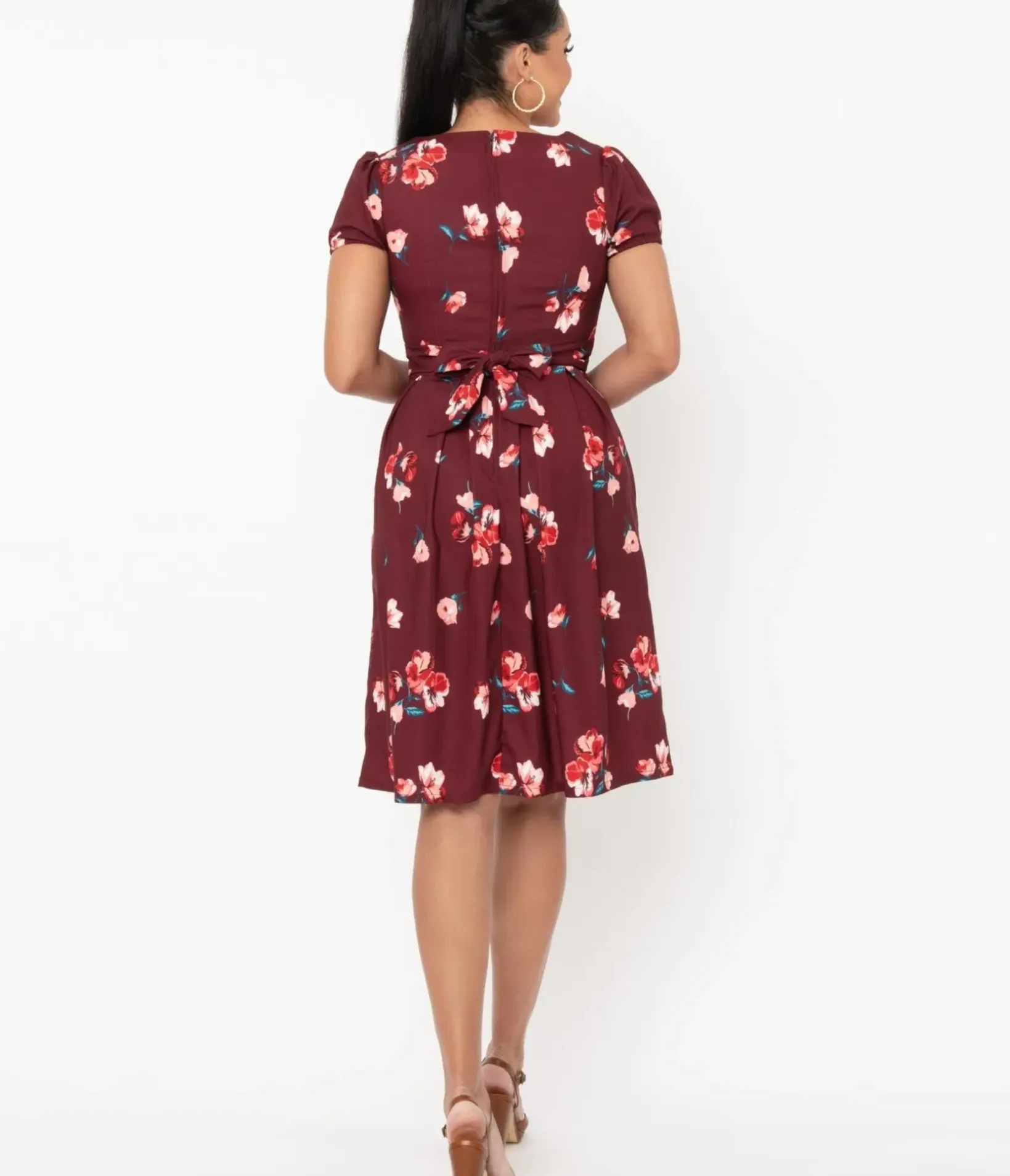Unique Vintage Swing|Pocket Dresses>Burgundy & Pink Floral Tilly Swing Dress