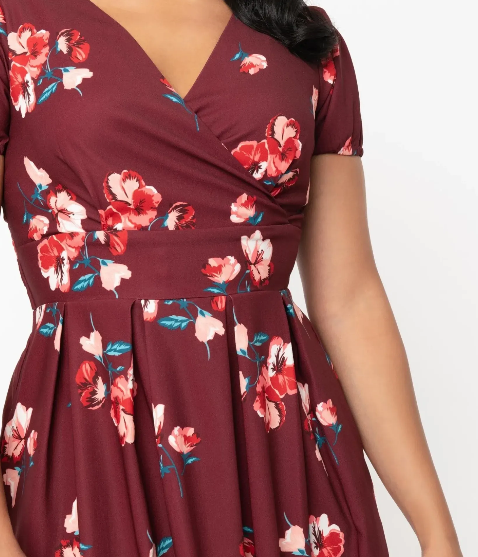 Unique Vintage Swing|Pocket Dresses>Burgundy & Pink Floral Tilly Swing Dress