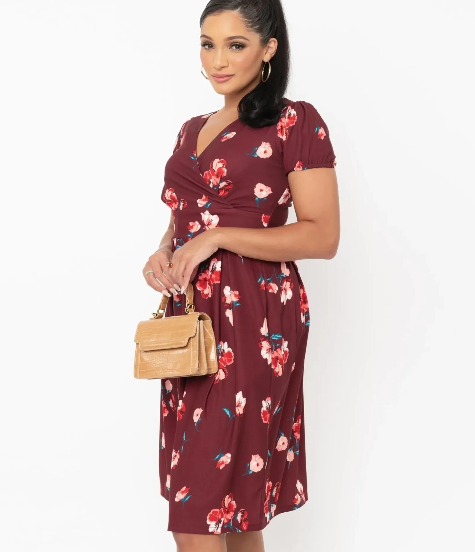 Unique Vintage Swing|Pocket Dresses>Burgundy & Pink Floral Tilly Swing Dress