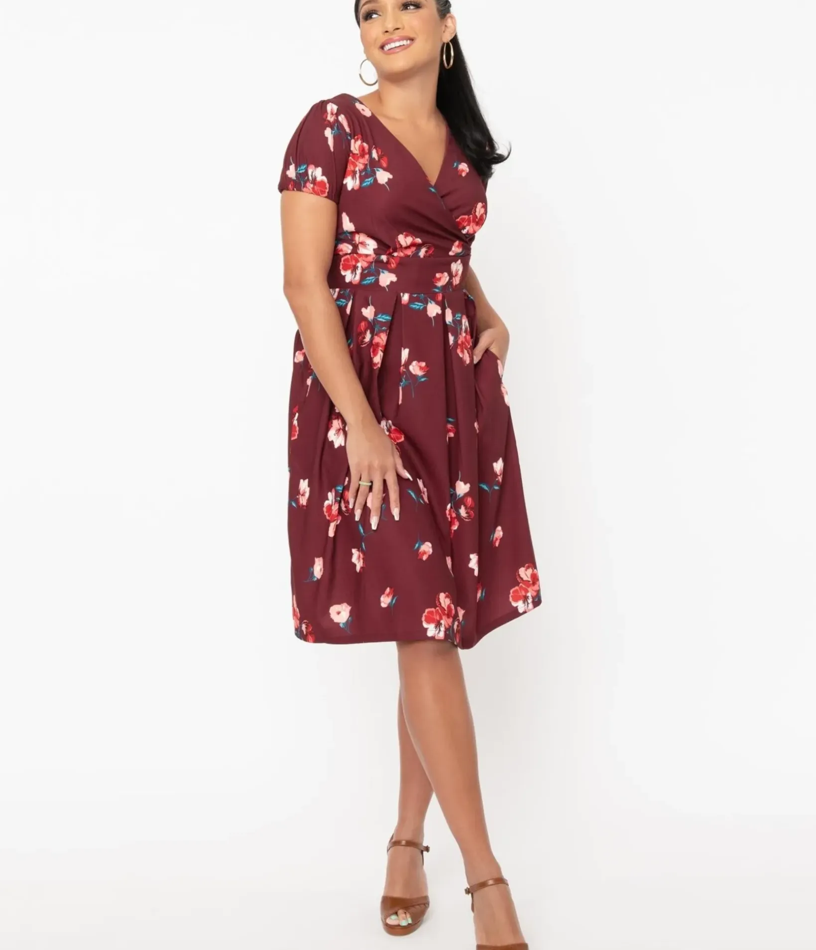 Unique Vintage Swing|Pocket Dresses>Burgundy & Pink Floral Tilly Swing Dress
