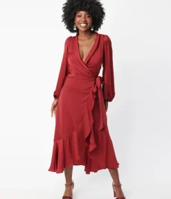 Unique Vintage Midi>Burgundy Ruffle Midi Wrap Dress
