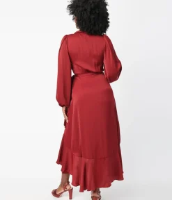 Unique Vintage Midi>Burgundy Ruffle Midi Wrap Dress