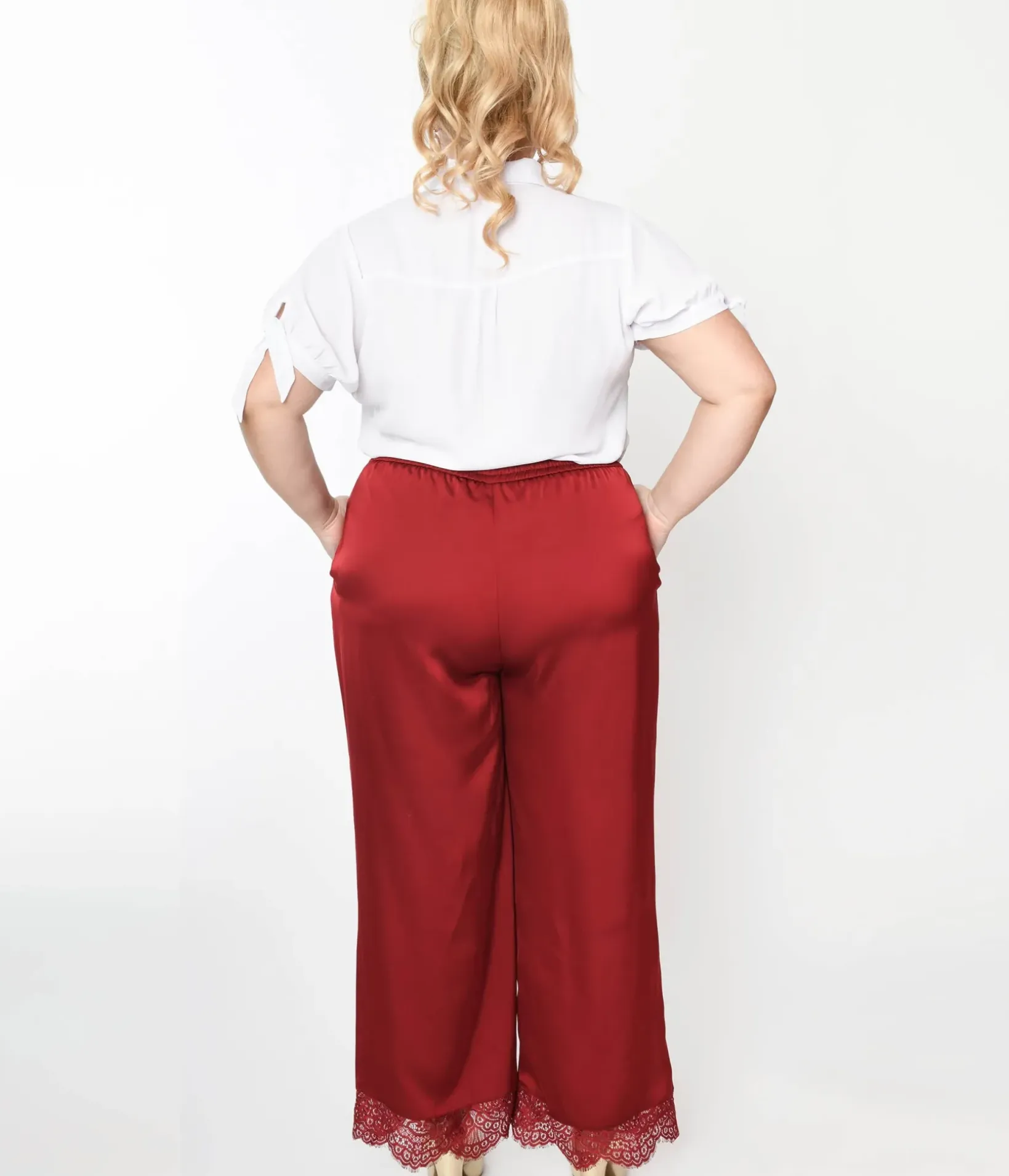 Unique Vintage Pants|Pants>Burgundy Satin & Lace Trim Mathilde Pants