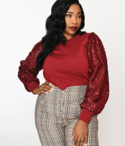 Unique Vintage Work Wear>Burgundy Sequin Sleeved Knit Top