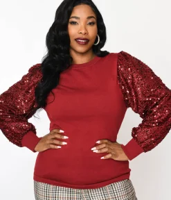 Unique Vintage Work Wear>Burgundy Sequin Sleeved Knit Top