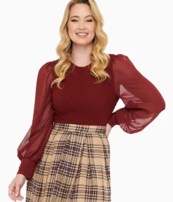 Unique Vintage Blouses|Work Wear>Burgundy Textured Embrace The Journey Woven Blouse