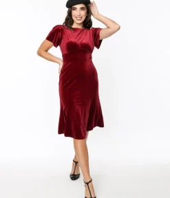Unique Vintage Everyday Dresses|Valentine's Day Dress>Burgundy Velvet Midi Shift Dress