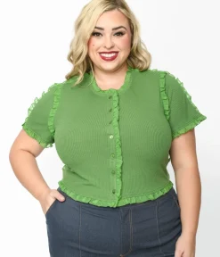 Unique Vintage Blouses|Blouses>Cactus Green Ruffle Edge Knit Top