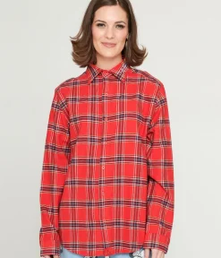 Unique Vintage Blouses|Disney Bounding>Cakeworthy Minnie Mouse Bow Red Plaid Unisex Flannel