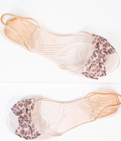 Unique Vintage Flats>Champagne Jelly & Leopard Bow Peep Toe Selena Flats