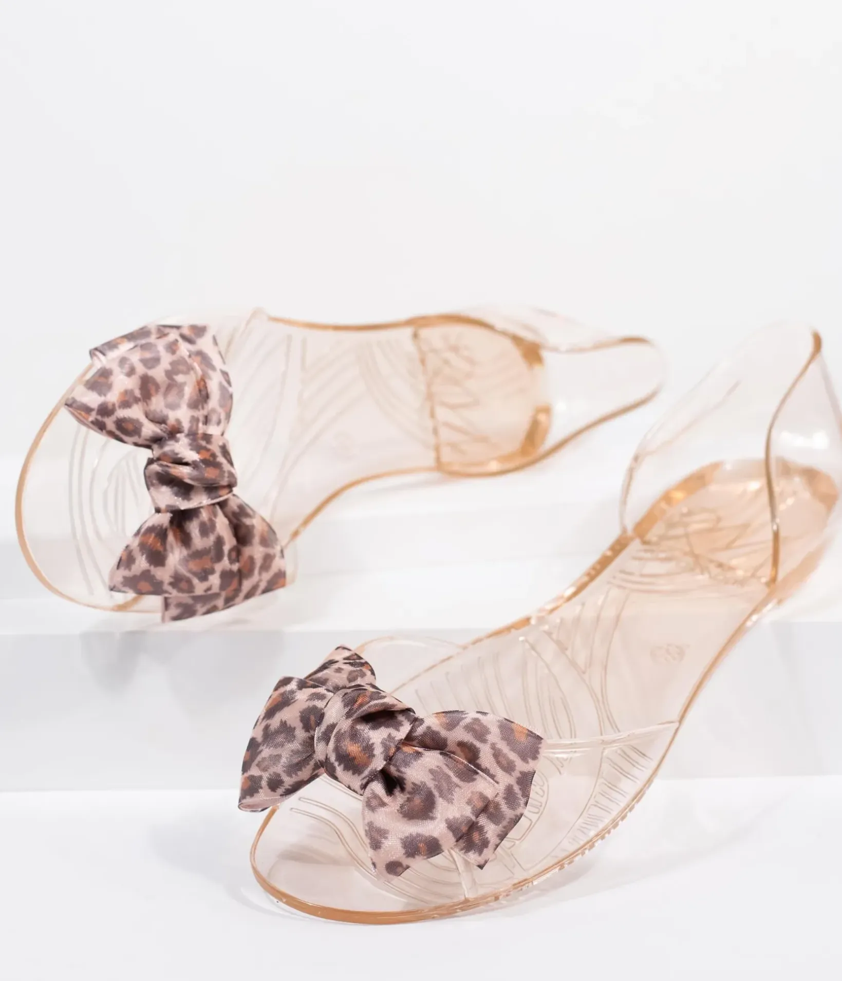 Unique Vintage Flats>Champagne Jelly & Leopard Bow Peep Toe Selena Flats