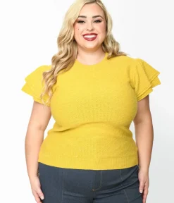 Unique Vintage Work Wear>Chartreuse Ruffle Sleeved Knit Top