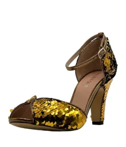 Unique Vintage Special Occasion|Heels>Chelsea Crew Black & Gold Sequin Lola Pumps
