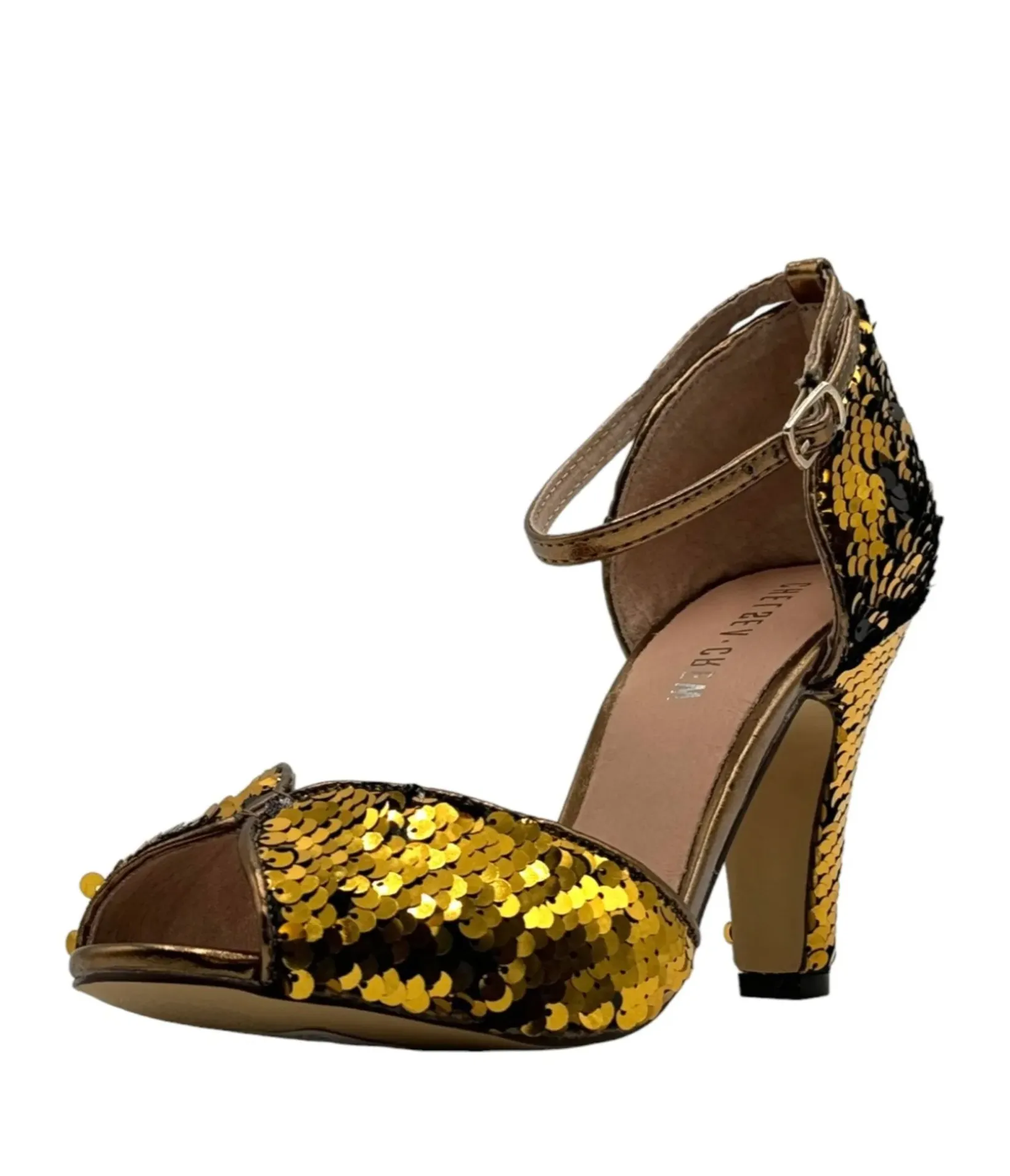Unique Vintage Special Occasion|Heels>Chelsea Crew Black & Gold Sequin Lola Pumps