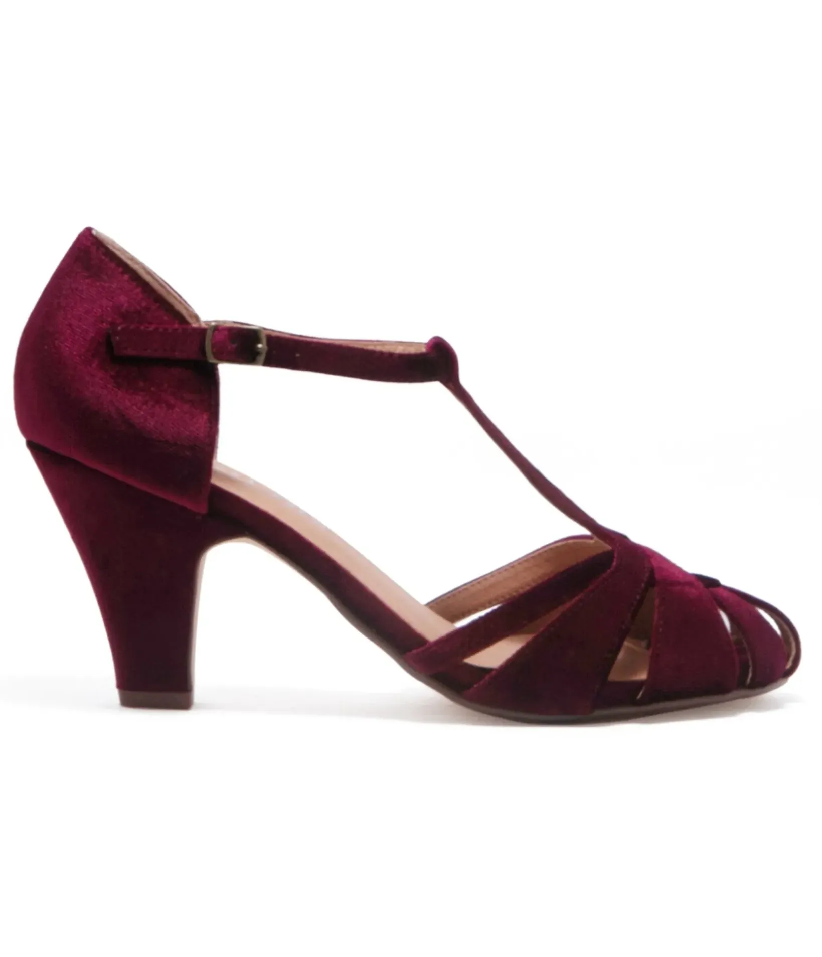 Unique Vintage Heels|T-Straps>Chelsea Crew 1920s Burgundy Velvet T-Strap Sergi Heels
