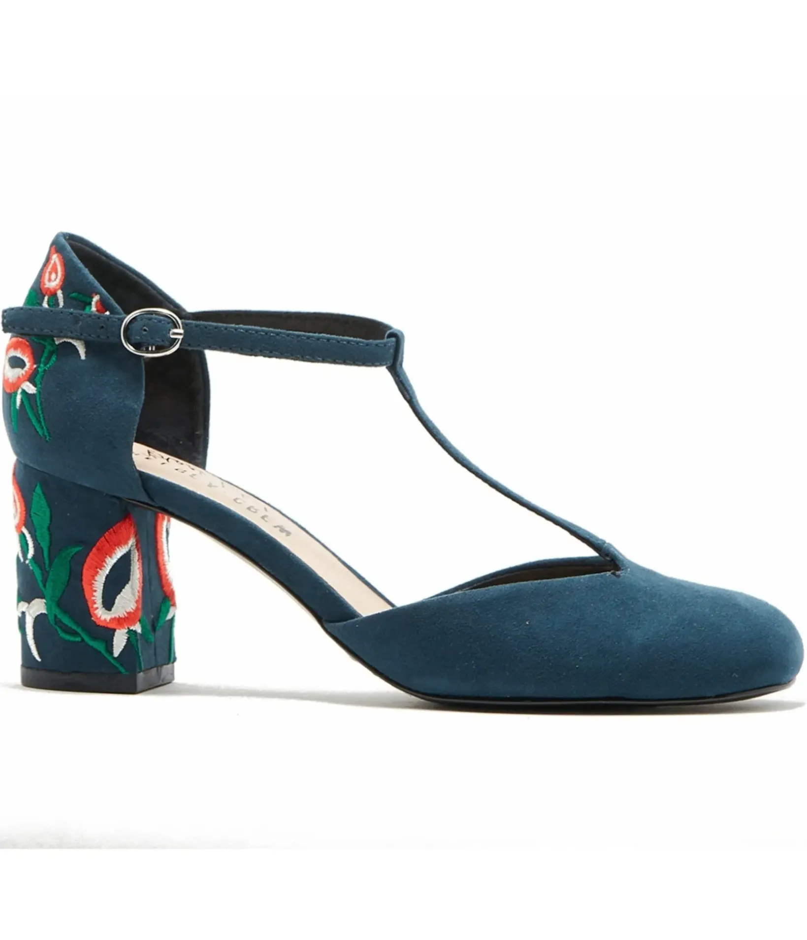 Unique Vintage Heels|T-Straps>Chelsea Crew 1920s Navy T-Strap Embroidered Frenchie Heels
