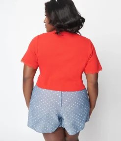 Unique Vintage Blouses|Blouses>Cherry Red Scallop Lace Knit Crop Top