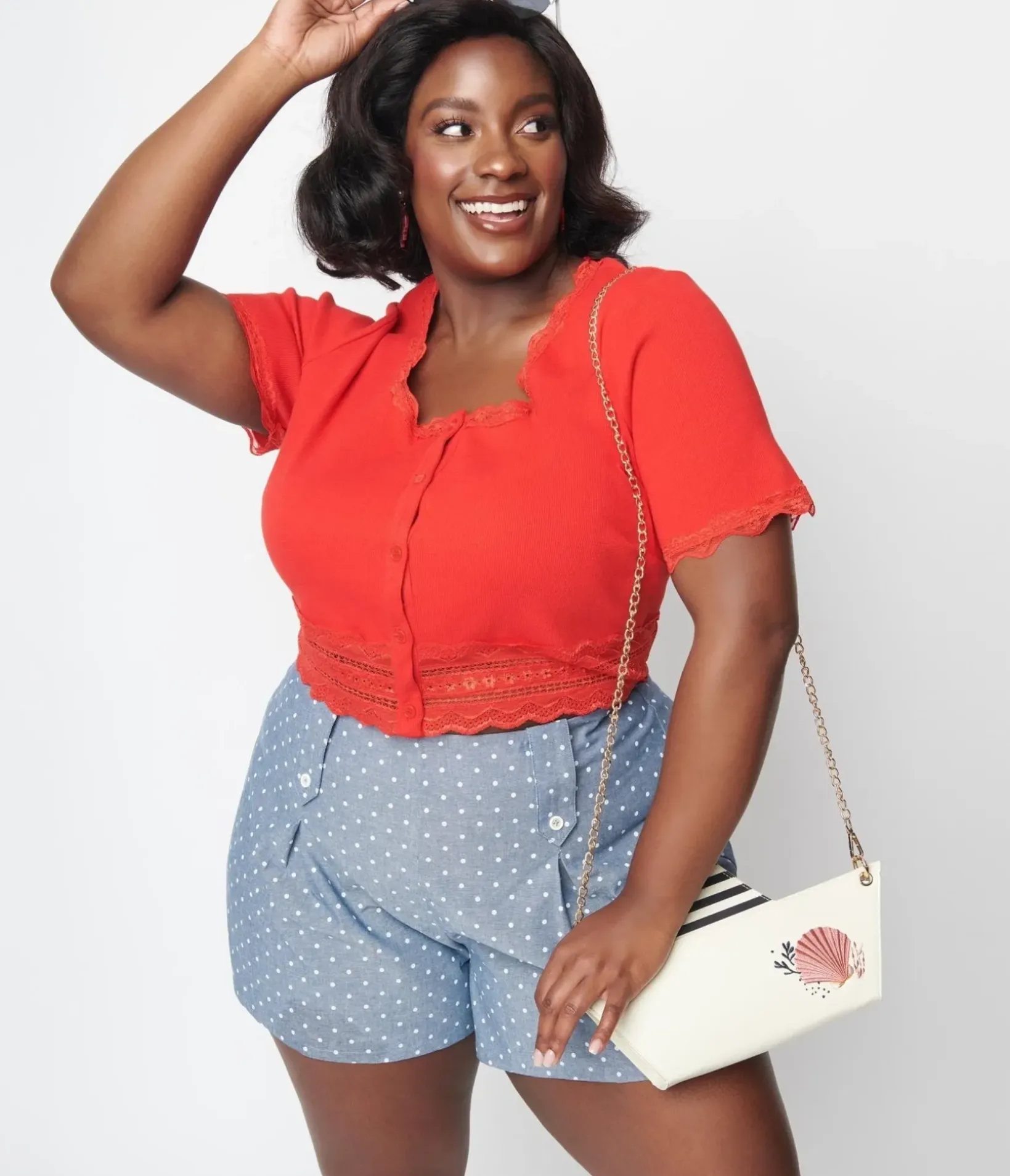 Unique Vintage Blouses|Blouses>Cherry Red Scallop Lace Knit Crop Top