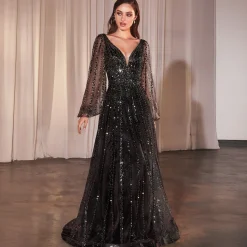 Unique Vintage Special Occasion|Prom Dresses>Cinderella Divine Black Beaded Long Sleeve A-Line Prom Dress