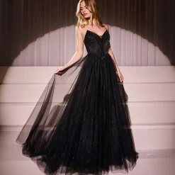 Unique Vintage Special Occasion|Prom Dresses>Cinderella Divine Black Beaded Strapless Tulle Prom Dress