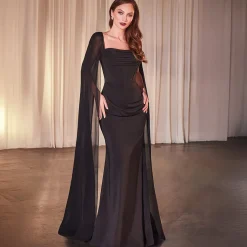 Unique Vintage Special Occasion|Prom Dresses>Cinderella Divine Black Chiffon Fitted Cape Sleeve Prom Dress