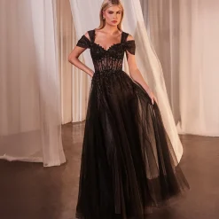 Unique Vintage Special Occasion|Prom Dresses>Cinderella Divine Black & Nude Applique Cold Shoulder A-Line Prom Dress