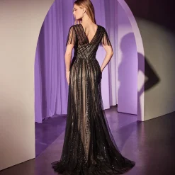 Unique Vintage Special Occasion|Prom Dresses>Cinderella Divine Black Nude Beaded Short Sleeve A-Line Prom Dress