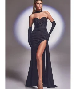 Unique Vintage Special Occasion|Prom Dresses>Cinderella Divine Black Satin Strapless Halter Prom Gown with Gloves