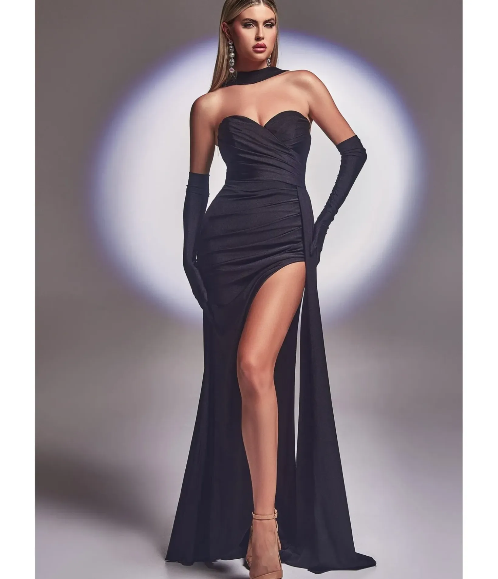 Unique Vintage Special Occasion|Prom Dresses>Cinderella Divine Black Satin Strapless Halter Prom Gown with Gloves